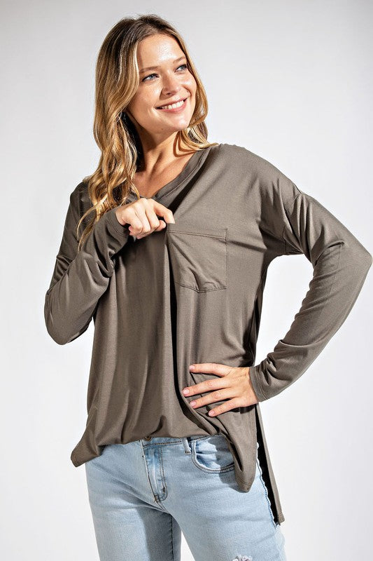 Plus Size High-Low Long Sleeve V-Neck Top with Pocket and Side Slit